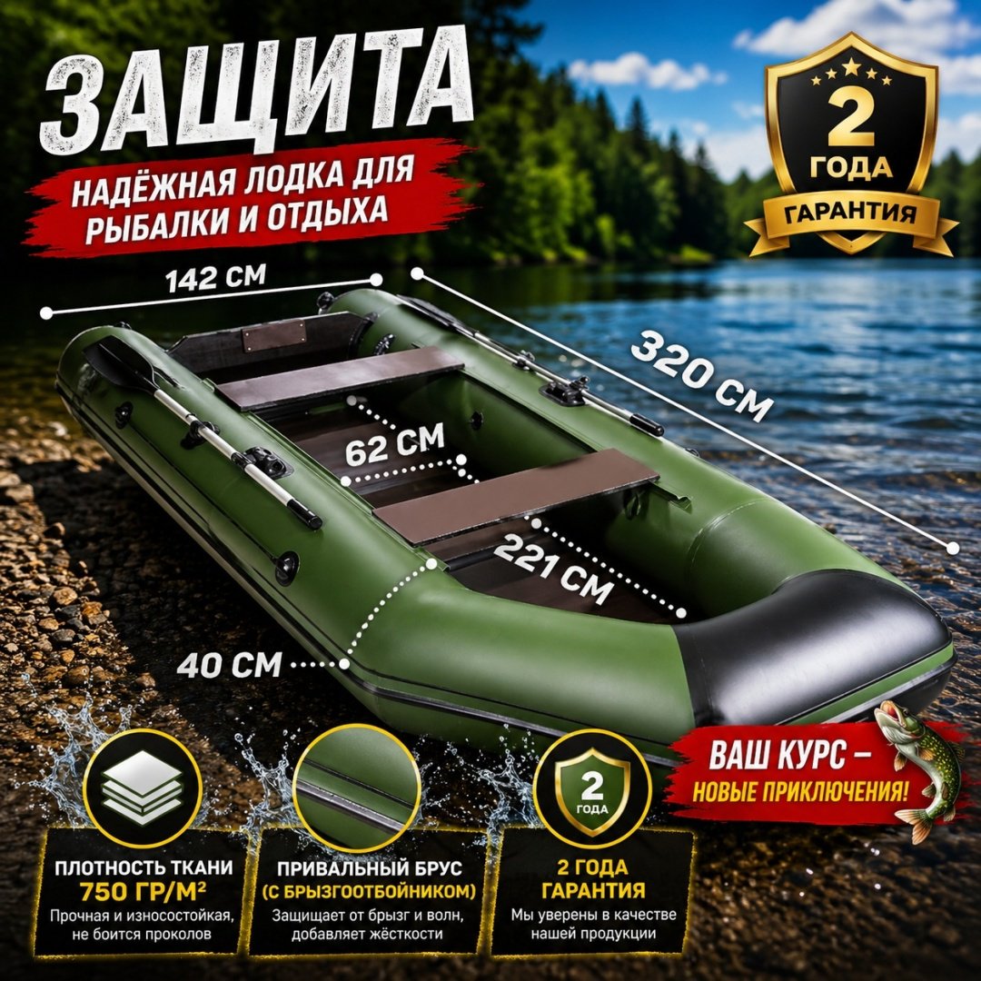 Надувная лодка Аква 3200 слань-книжка киль зеленый-черный
