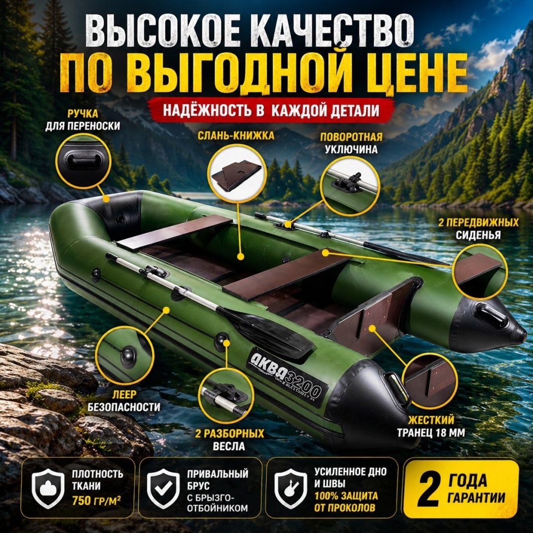 Надувная лодка Аква 3200 слань-книжка киль зеленый-черный