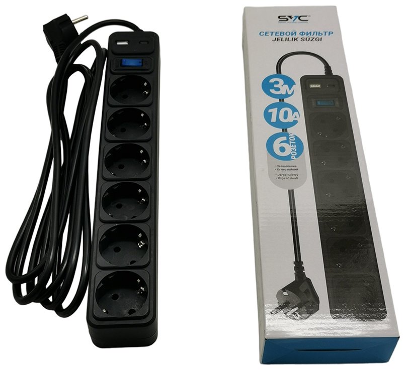 Сетевой фильтр SVC ZC6S-30M-USB/TypeC, 3 м купить,NaN