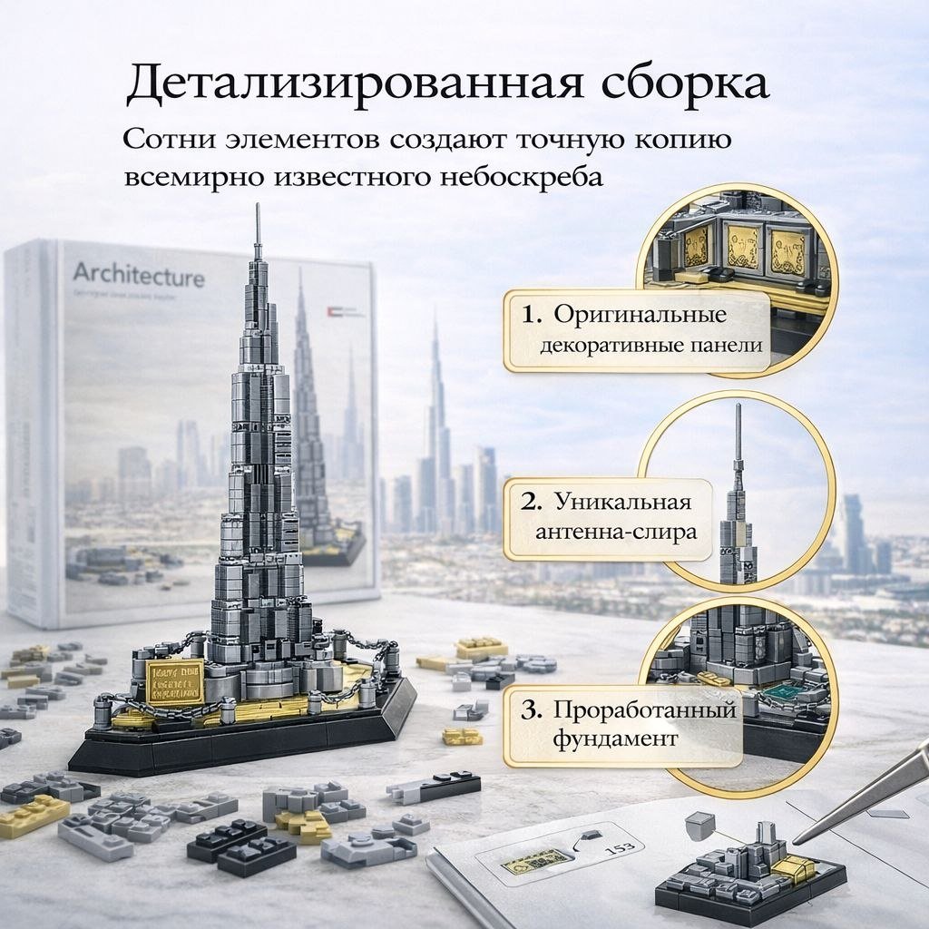 Конструктор Реалистичная копия башни Burj Khalifa 30379441_ОАЭ 555, деталей 555 шт купить,NaN