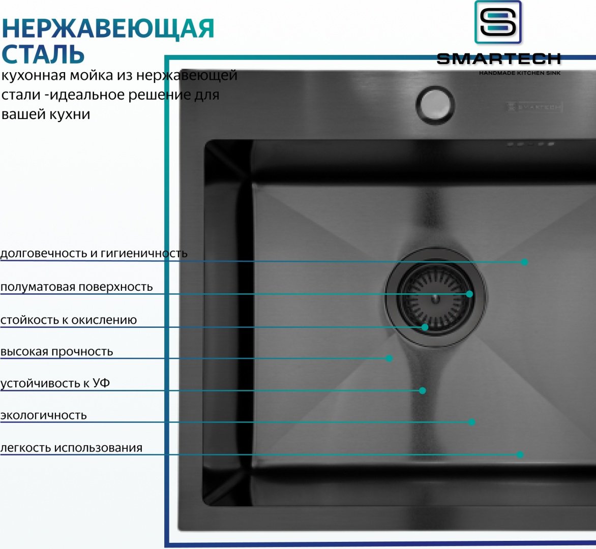 Кухонная мойка SMARTECH 5045 50х45х23 см, нержавеющая сталь, тон черный