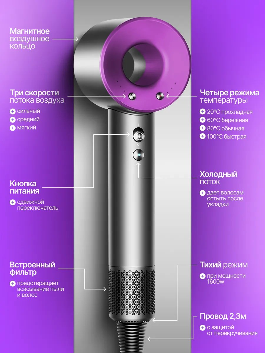 Фен для волос профессиональный 02 фен фиолетовый, темно-серый купить,12000