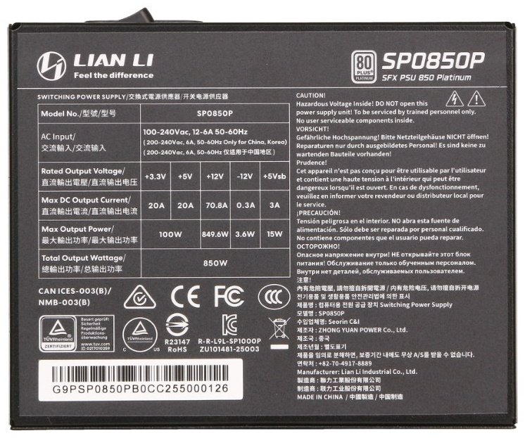 Блок питания LIAN LI SFX0850P (G9P.SX0850P.B000.EU) 850 Вт купить,NaN