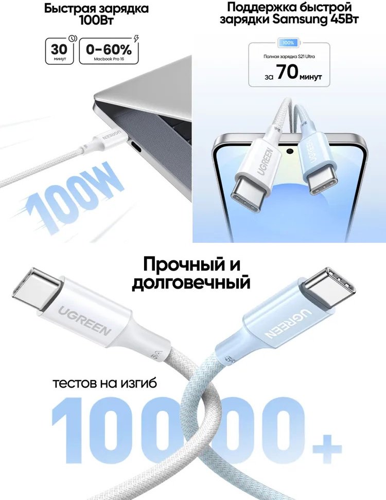 Кабель Ugreen USB TypeC (M), 2 м, L502 / 35221 белый купить,NaN