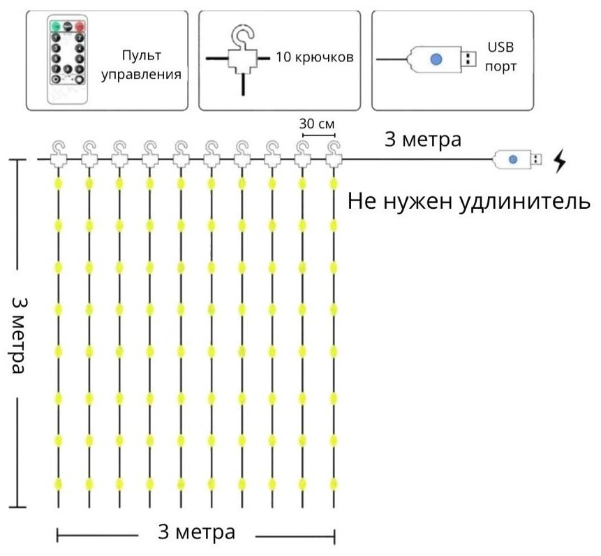 Электрогирлянда Штора LED цвет свечения теплый белый 3 м