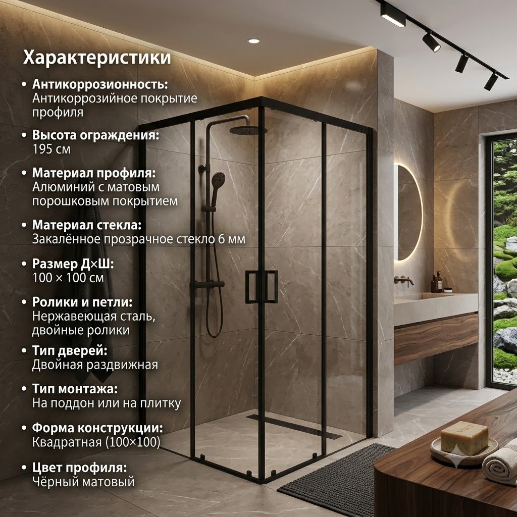 Душевое ограждение KABINKA.KZ двухстенное AP-19-100 , 1000х1950 мм купить,NaN
