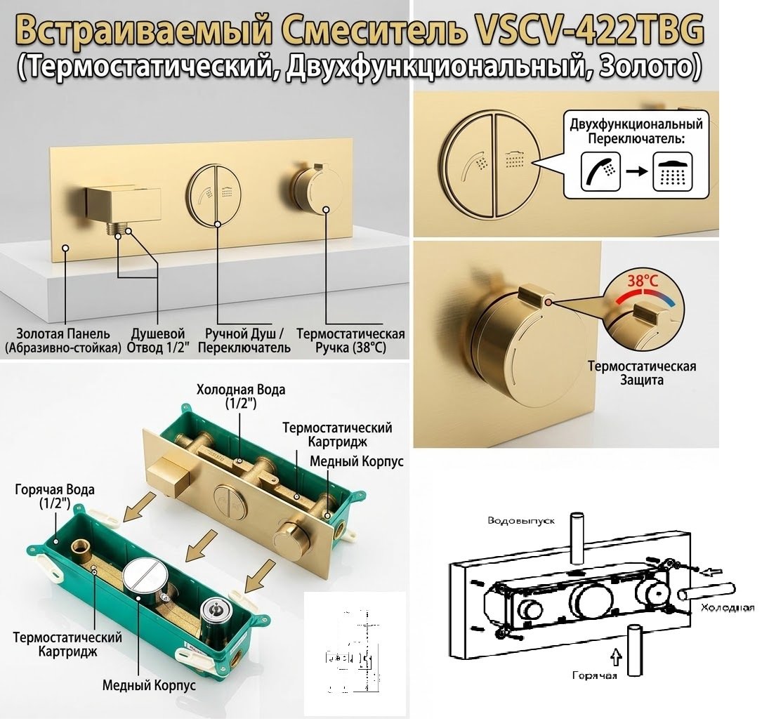Vincea скрытая часть смесителя для душа VSCV-422TBG купить,386700