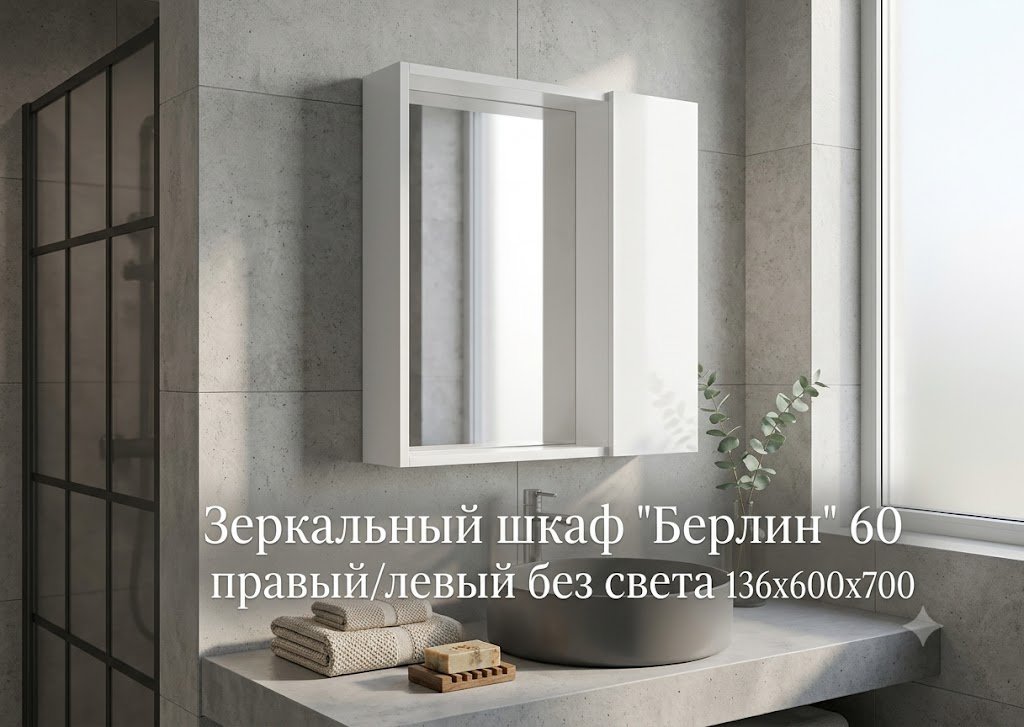 Шкаф зеркальный навесной KABINKA.KZ Берлин 60, 60x13.6x70 см, белый купить,NaN