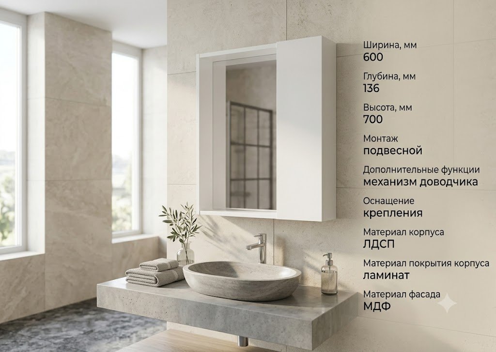 Шкаф зеркальный навесной KABINKA.KZ Берлин 60, 60x13.6x70 см, белый купить,NaN