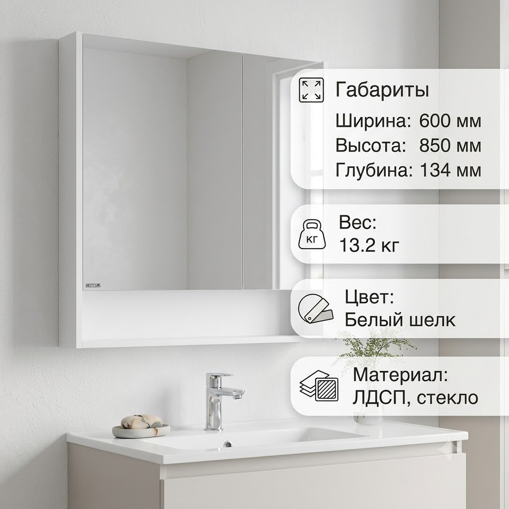Шкаф зеркальный навесной KABINKA.KZ Мальта 60, 60x13.4x85 см, белый купить,NaN