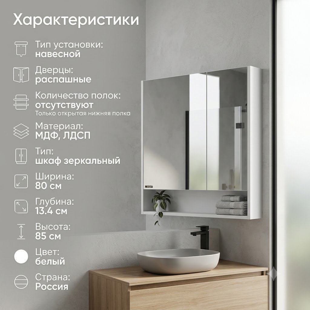 Шкаф зеркальный навесной KABINKA.KZ Мальта, 80x13.4x85 см, белый купить,NaN
