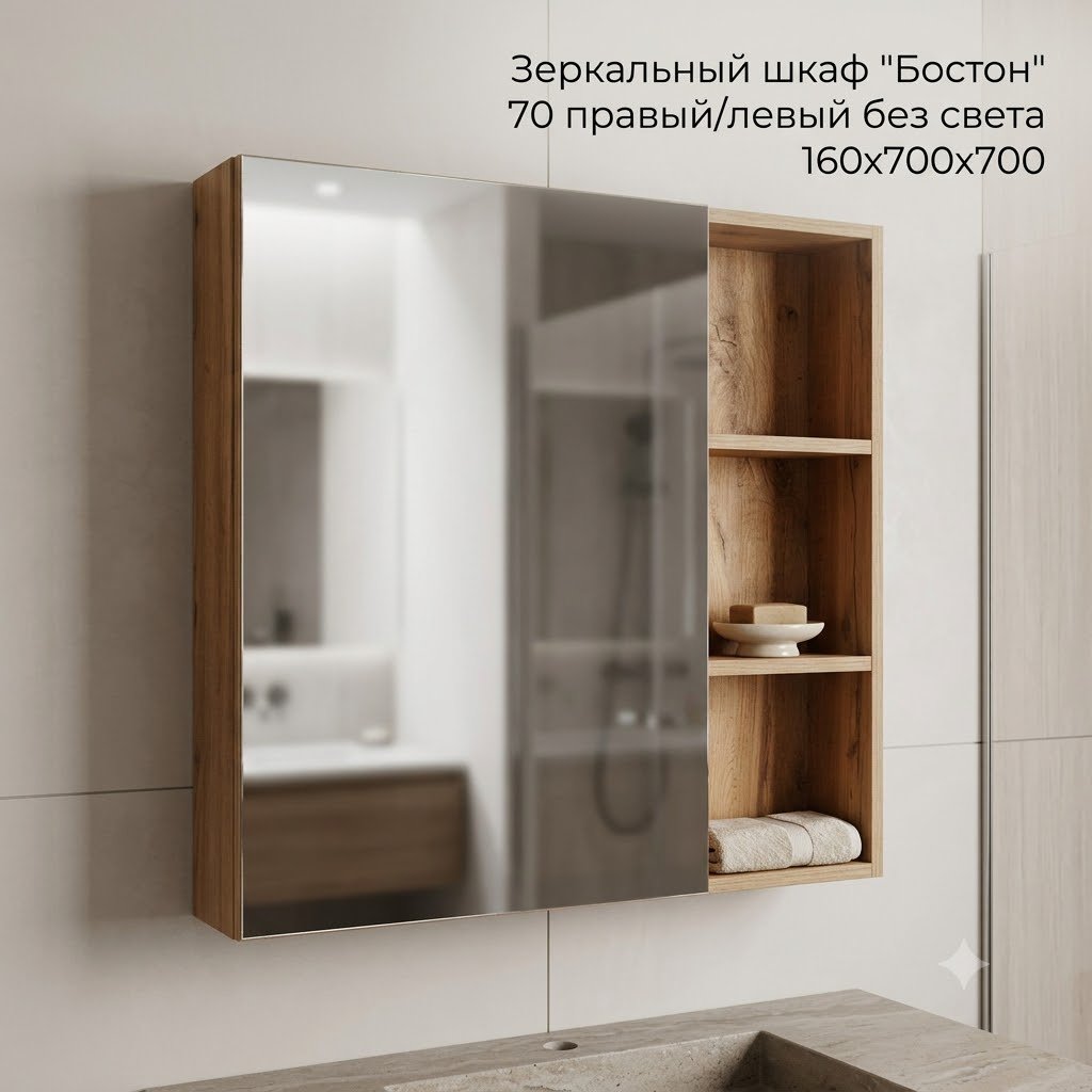 Шкаф зеркальный навесной KABINKA.KZ Бостон 70, 70x16x70 см, коричневый купить,NaN