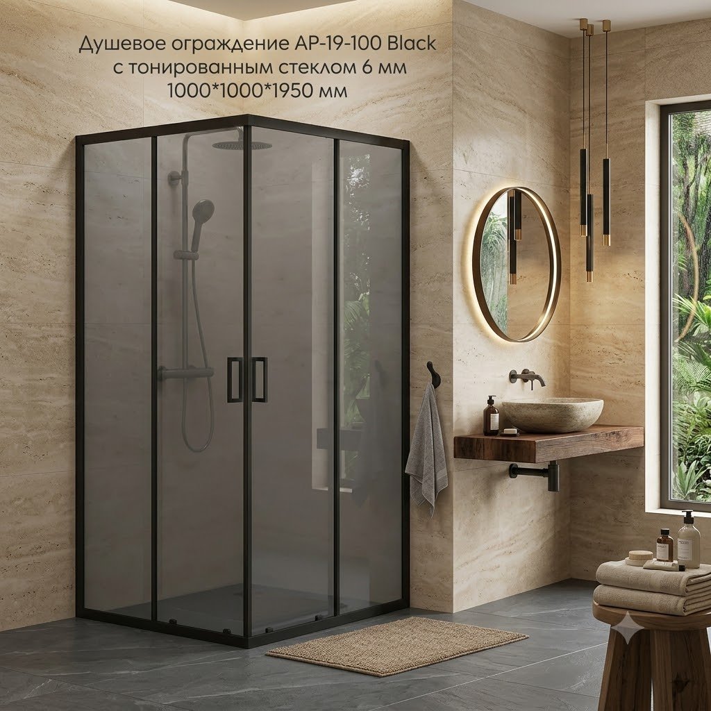 Душевое ограждение KABINKA.KZ двухстенное AP-19-100 Black, 1000х1950 мм купить,NaN