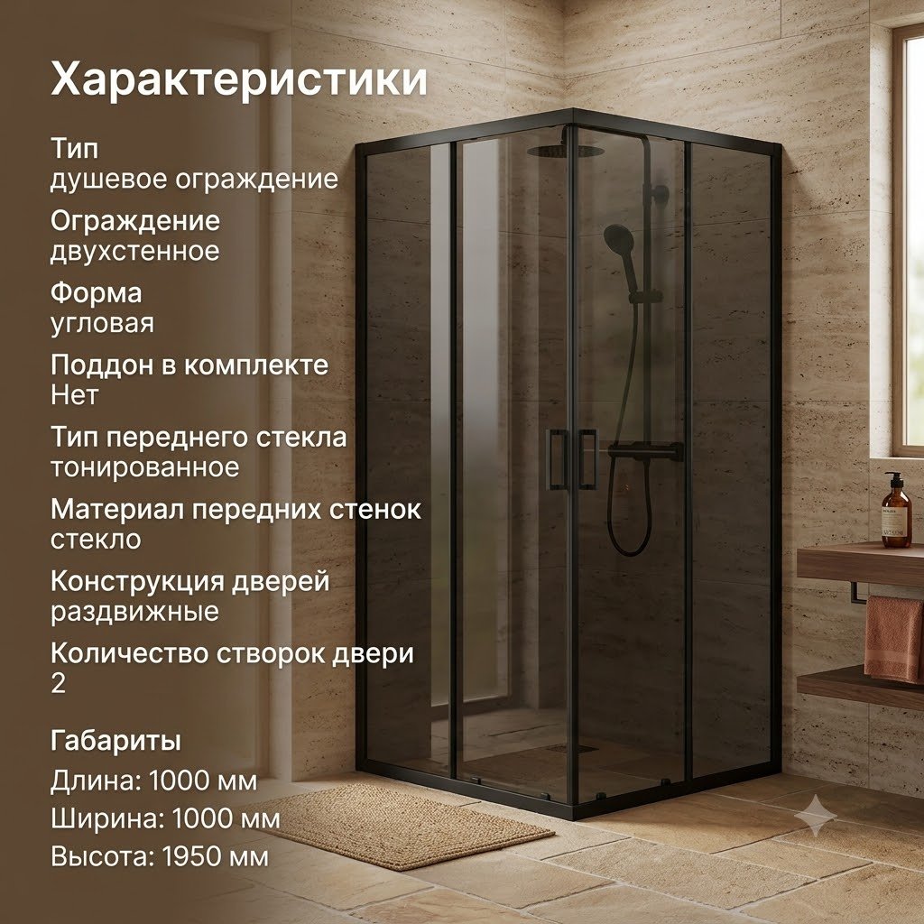 Душевое ограждение KABINKA.KZ двухстенное AP-19-100 Black, 1000х1950 мм купить,NaN