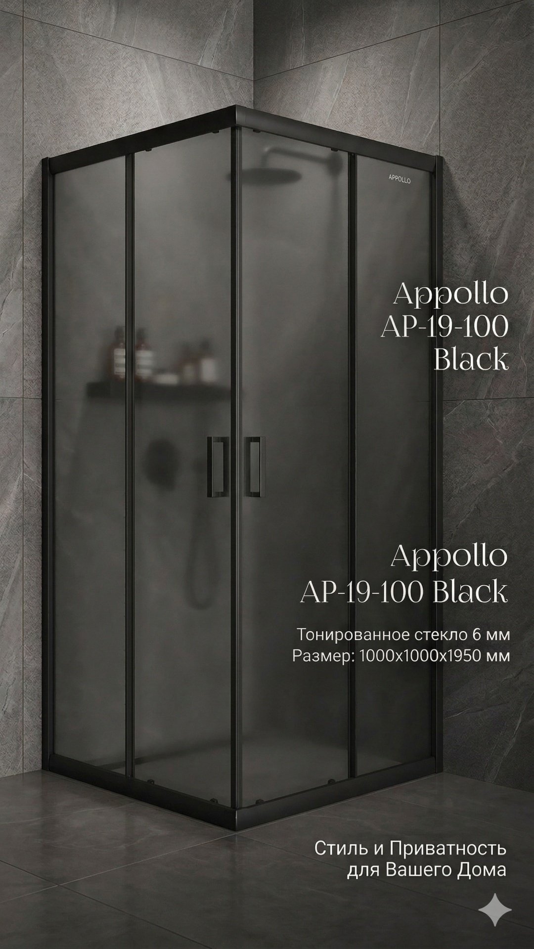 Душевое ограждение KABINKA.KZ двухстенное AP-19-100 Black, 1000х1950 мм купить,NaN