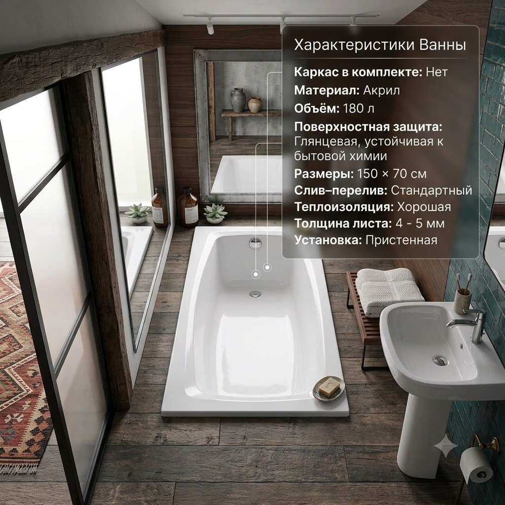Ванна KABINKA.KZ Lite 150x70 см, акрил купить,100100