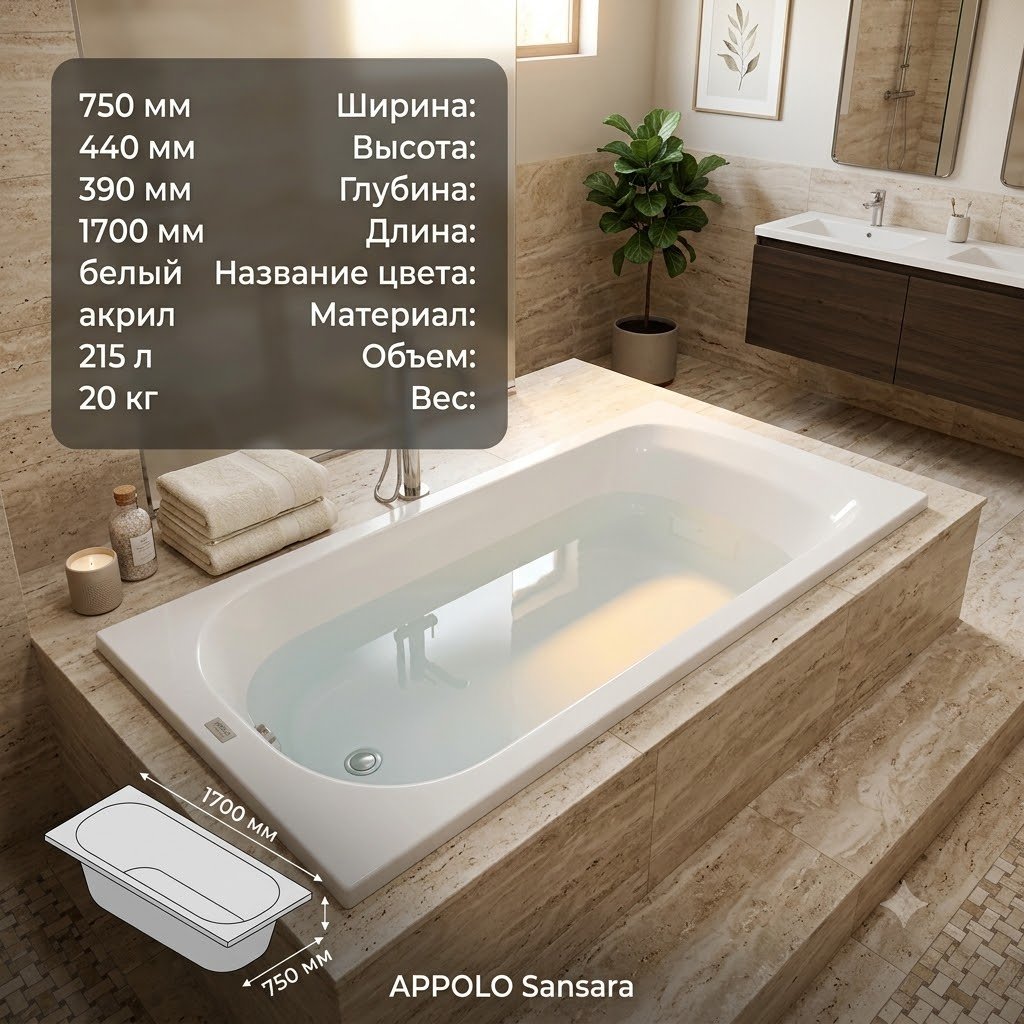 Ванна KABINKA.KZ Sansara 170x70 см, акрил купить,137000