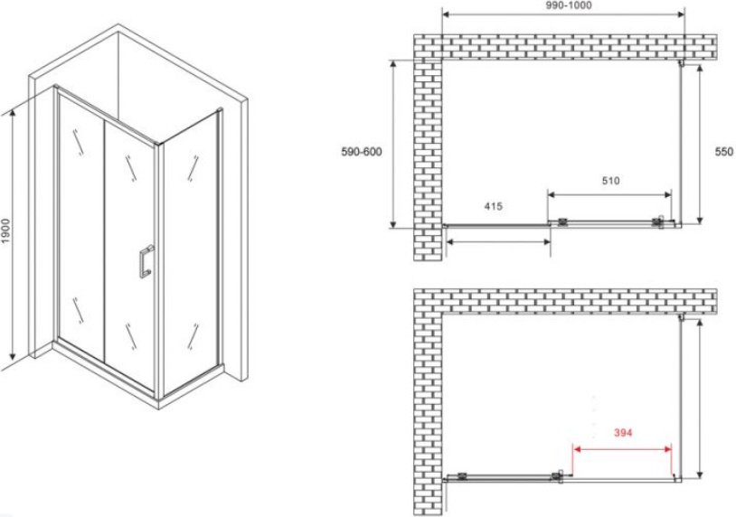 Душевое ограждение Abber двухстенное AG301005-S605, 600х1900 мм купить,NaN
