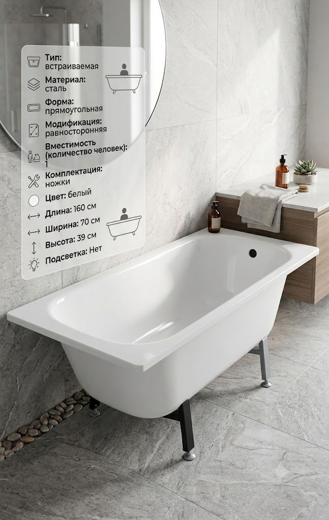 Ванна KABINKA.KZ STE-01-160 160x70 см, сталь купить,NaN