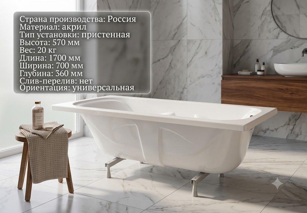 Ванна KABINKA.KZ Стандарт 170 170x70 см, акрил купить,142500