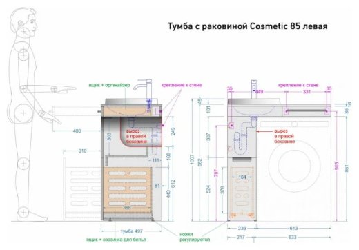 Тумба без раковины KABINKA.KZ Cosmetic 85, 85x96.1x50 см, белый купить,NaN