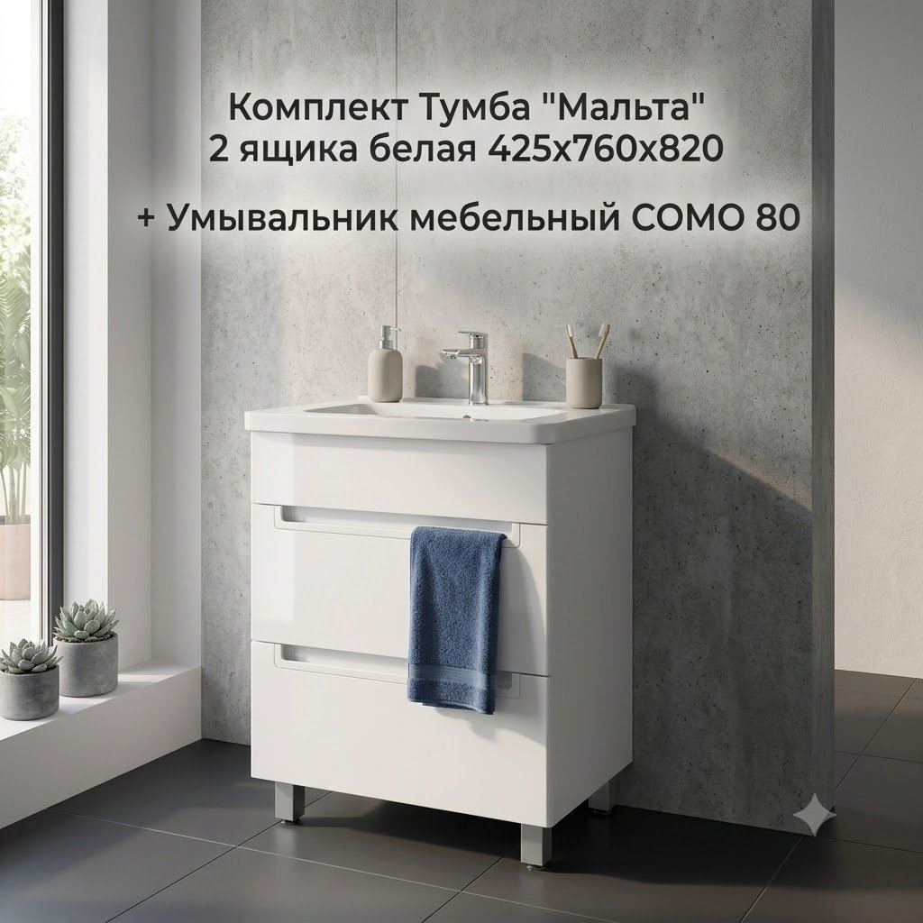 Тумба с раковиной KABINKA.KZ Мальта, 76x82x42.5 см, белый купить,NaN
