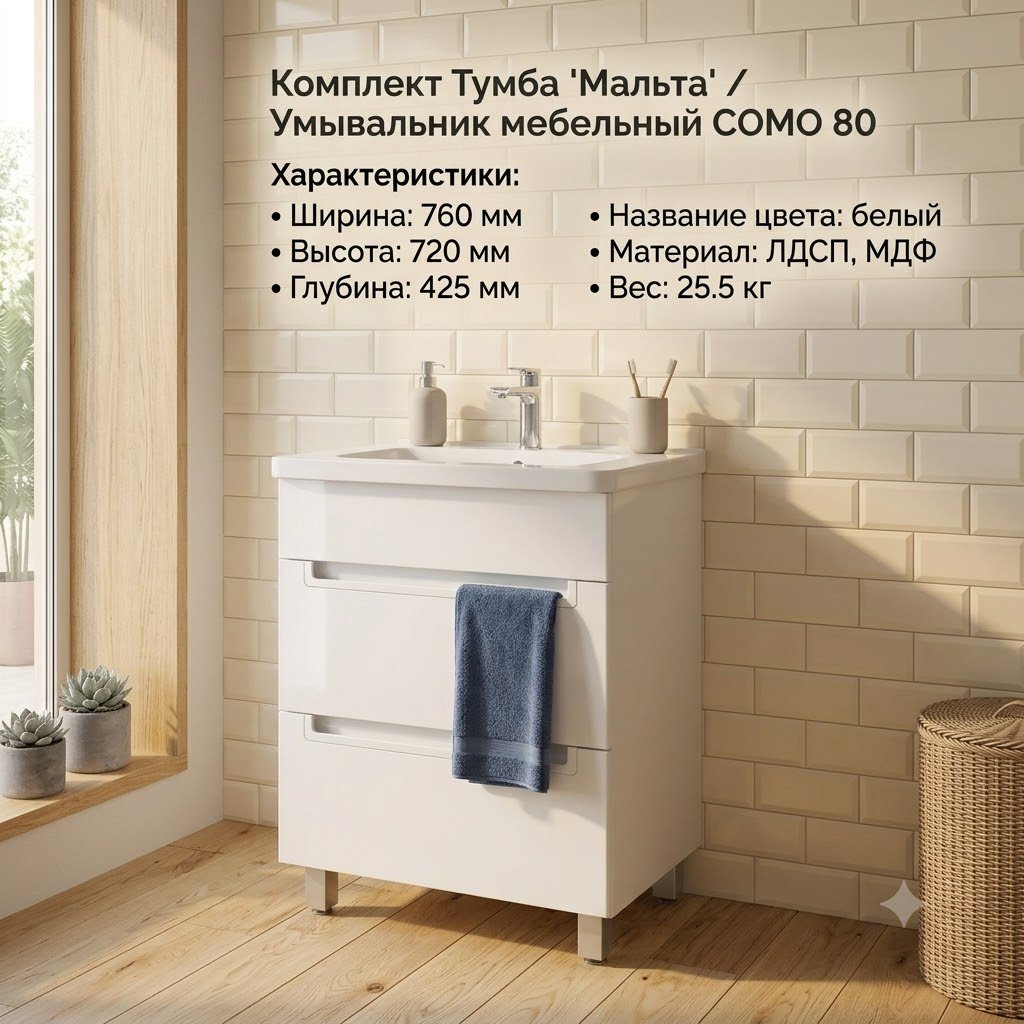 Тумба с раковиной KABINKA.KZ Мальта, 76x82x42.5 см, белый купить,NaN