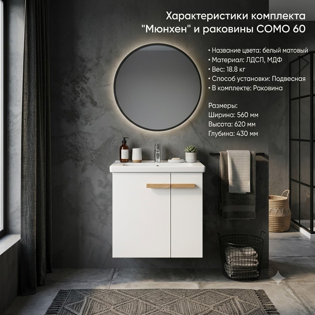 Тумба с раковиной KABINKA.KZ Мюнхен, 62x56x43 см, белый купить,NaN