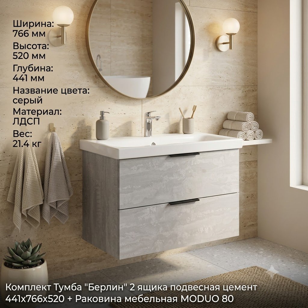 Тумба с раковиной KABINKA.KZ Берлин, 76.6x52x44.1 см, серый купить,NaN