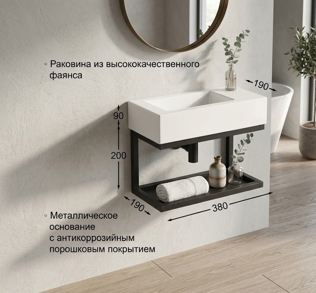 Тумба с раковиной KABINKA.KZ AZU9803, 38x20x19 см, черный купить,NaN