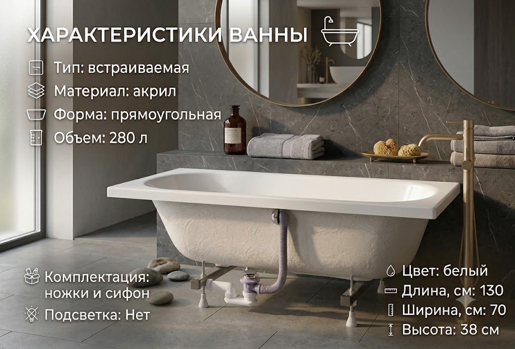 Ванна KABINKA.KZ JSD-02-130 Premium 130x70 см, акрил купить,70942