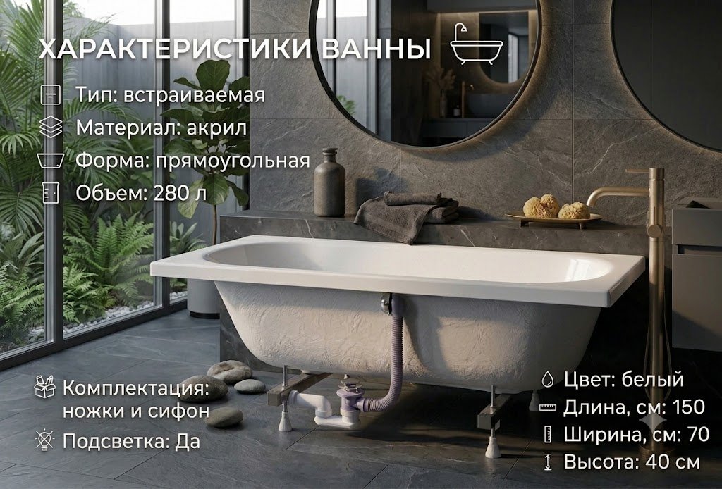 Ванна KABINKA.KZ JSD-01-150 Premium 150x70 см, акрил