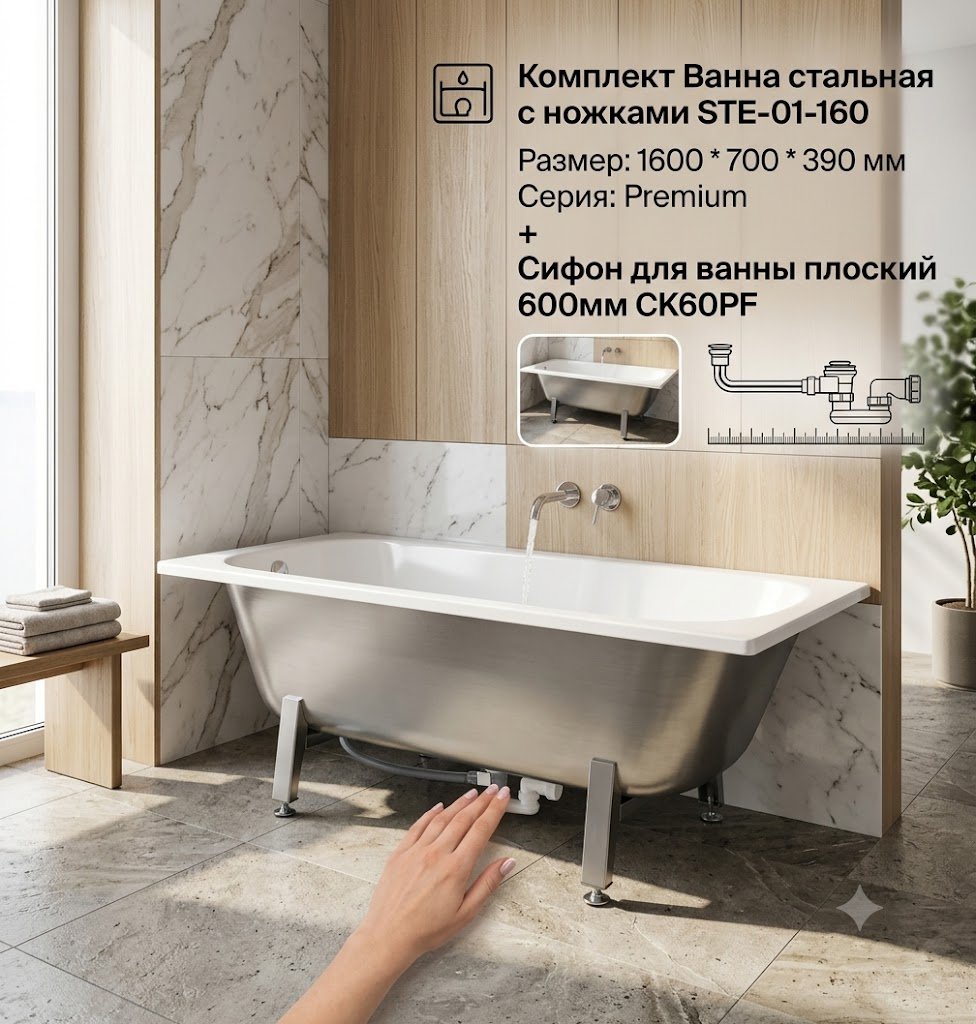 Ванна KABINKA.KZ STE-01-160 Premium 160x70 см, сталь купить,NaN