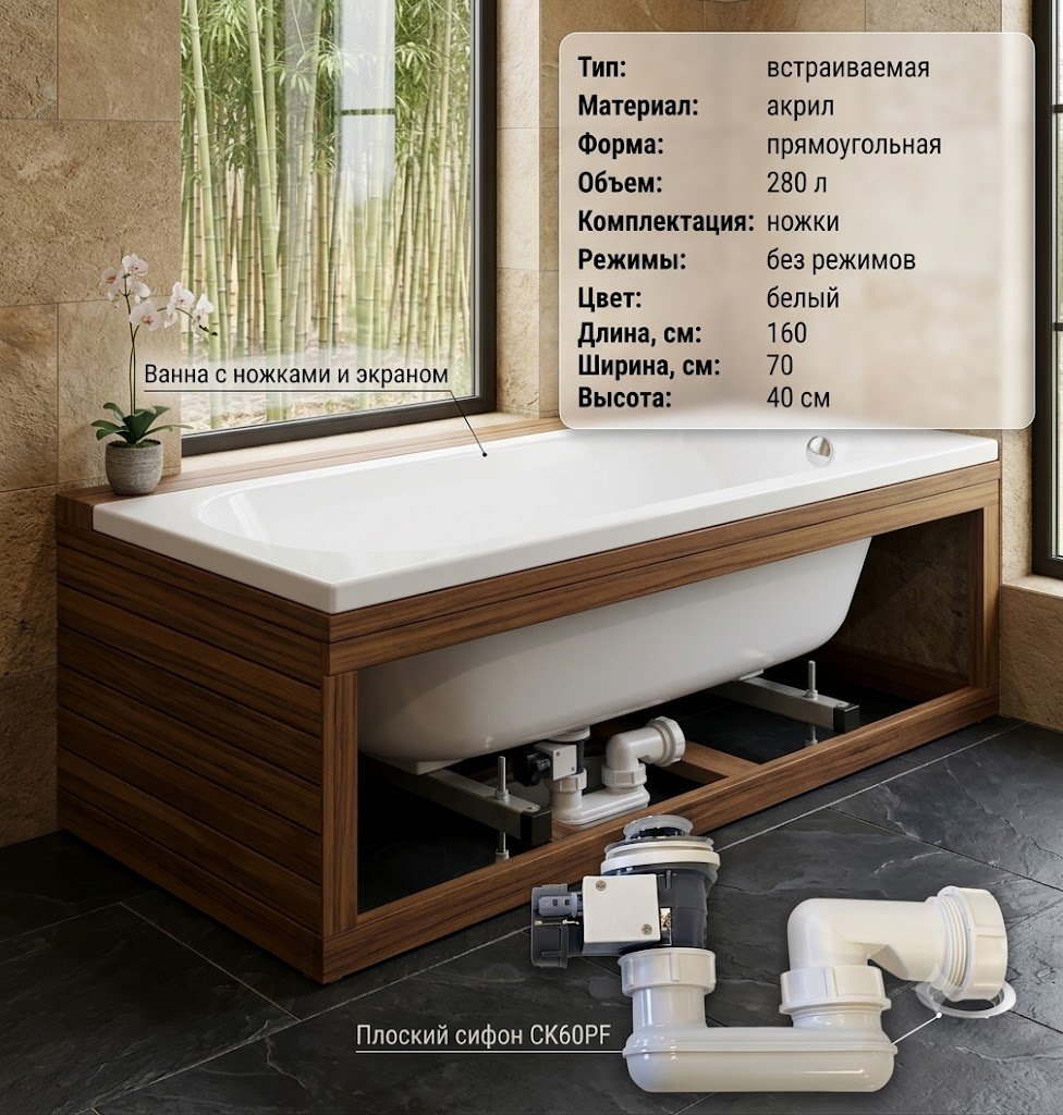 Ванна JSD-02-160 Premium 160x70 см, акрил купить,108752