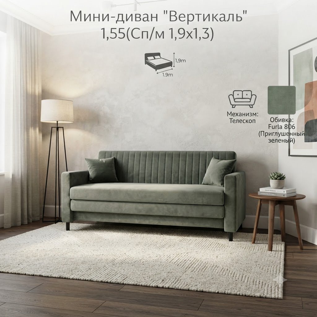 Диван Вертикаль, 155х70 см, обивка велюр, зеленый купить,NaN