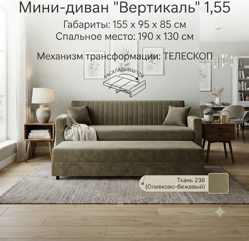 Диван Вертикаль, 155х70 см, обивка шенилл, бежевый купить,NaN