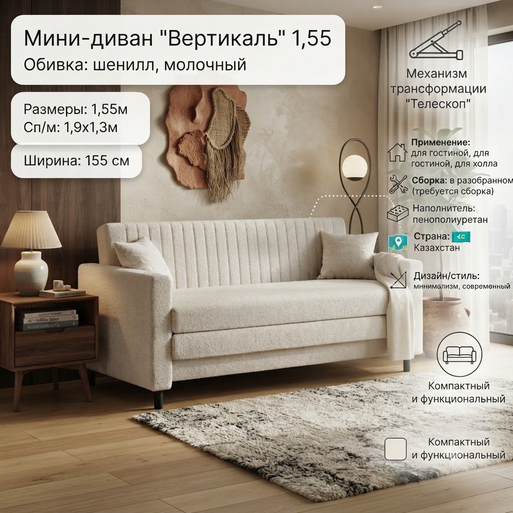 Диван Вертикаль, 155х70 см, обивка шенилл, белый купить,NaN