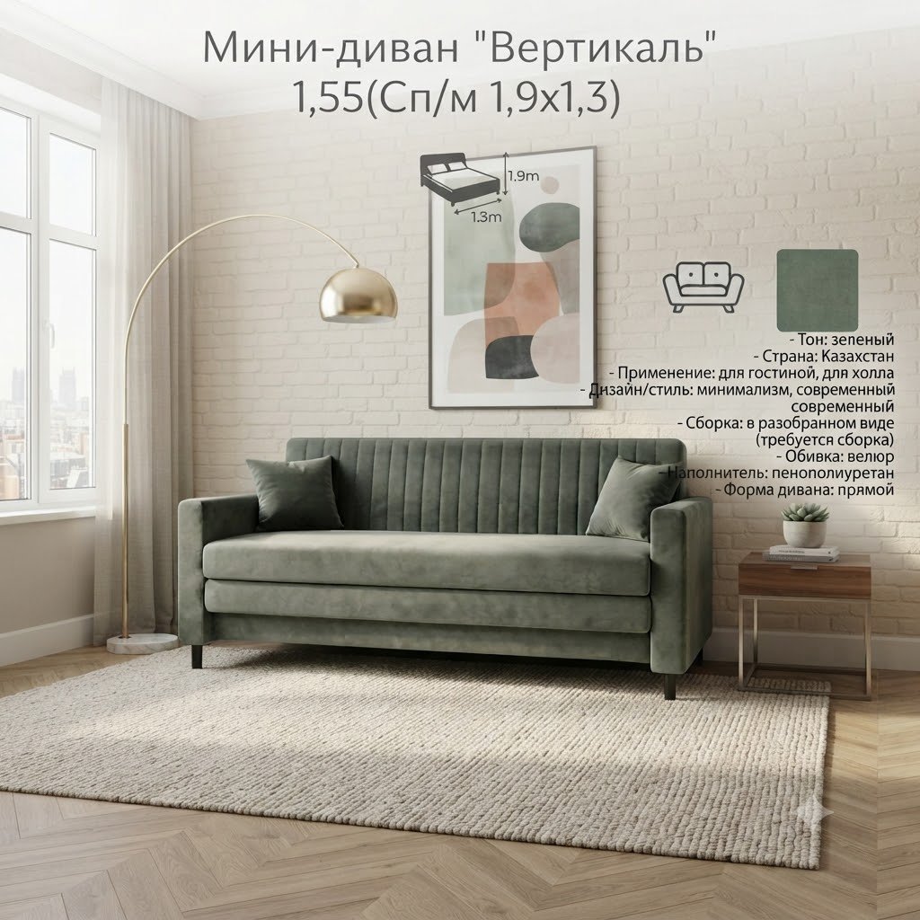 Диван Вертикаль, 155х70 см, обивка велюр, зеленый купить,NaN