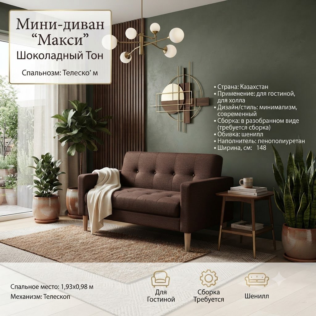 Диван Макси, 122х70 см, обивка шенилл, темно-коричневый купить,NaN