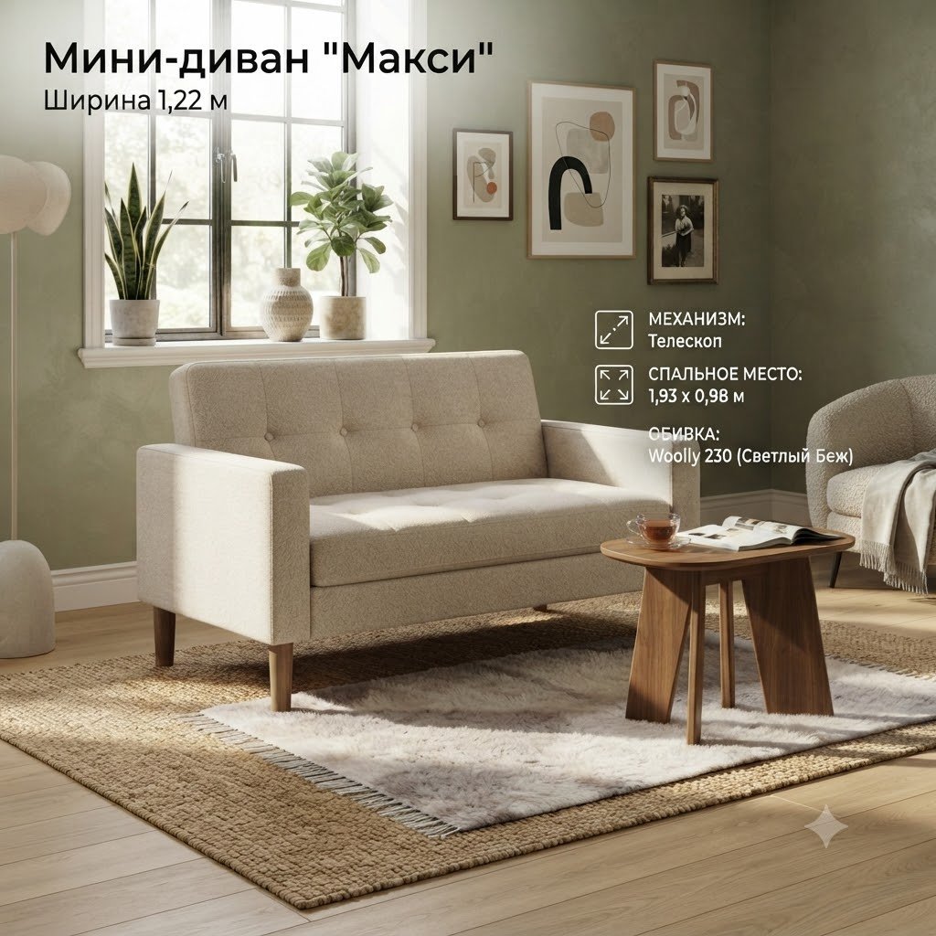 Диван Макси, 122х70 см, обивка рогожка, бежевый купить,NaN