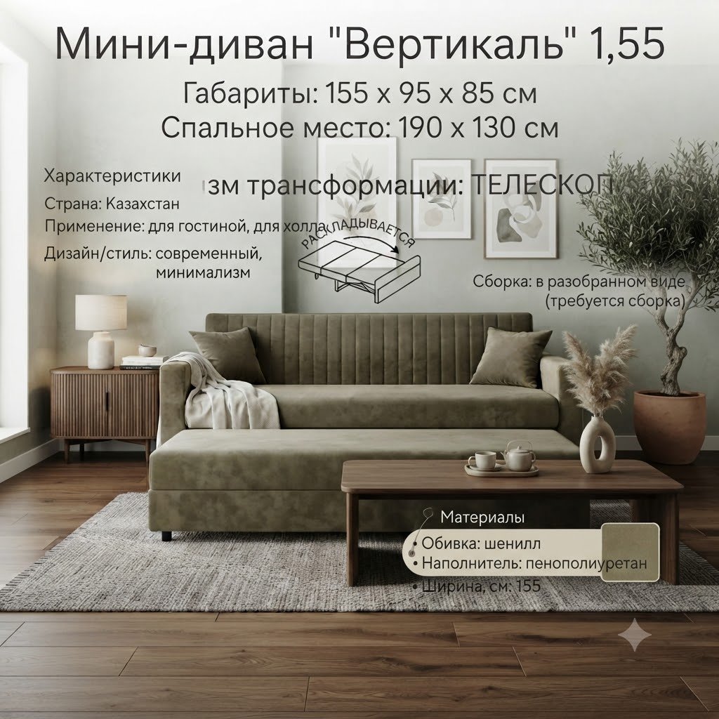 Диван Вертикаль, 155х70 см, обивка шенилл, бежевый купить,NaN