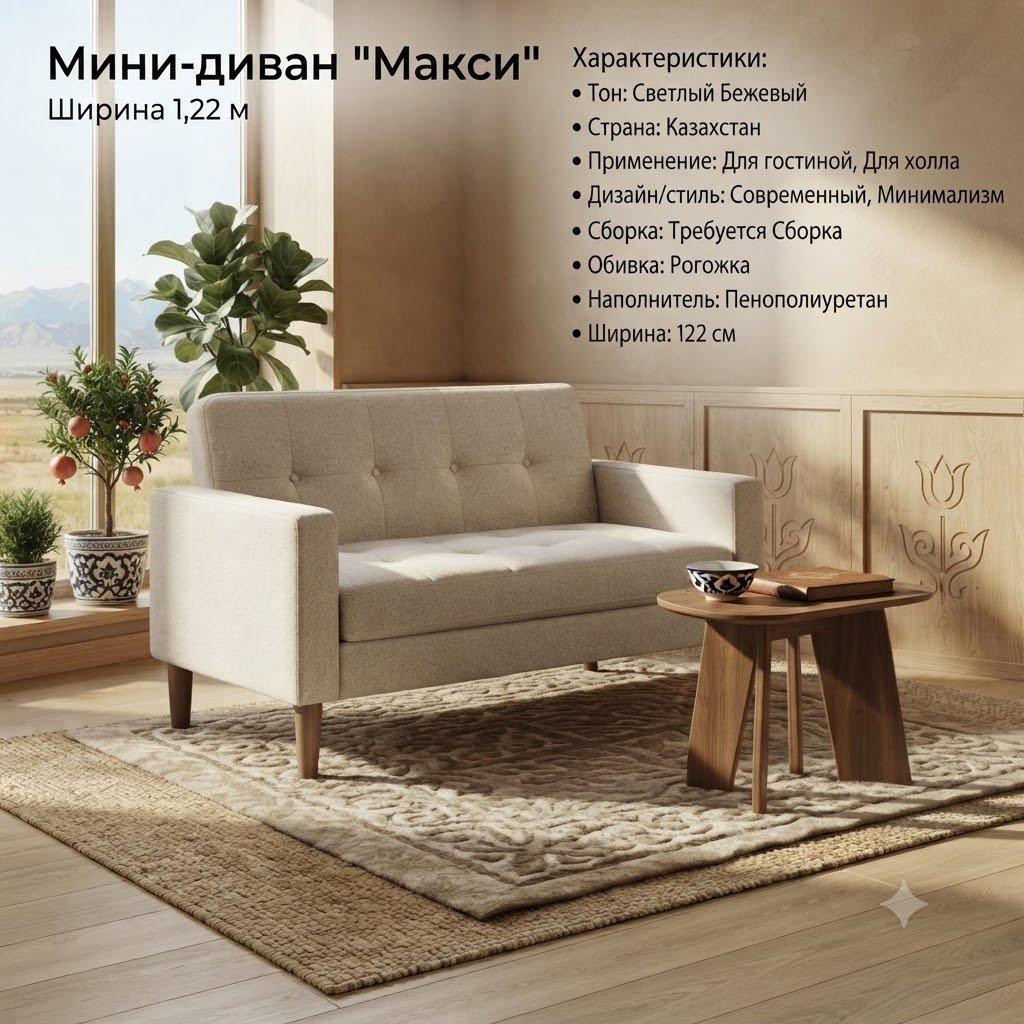 Диван Макси, 122х70 см, обивка рогожка, бежевый купить,NaN