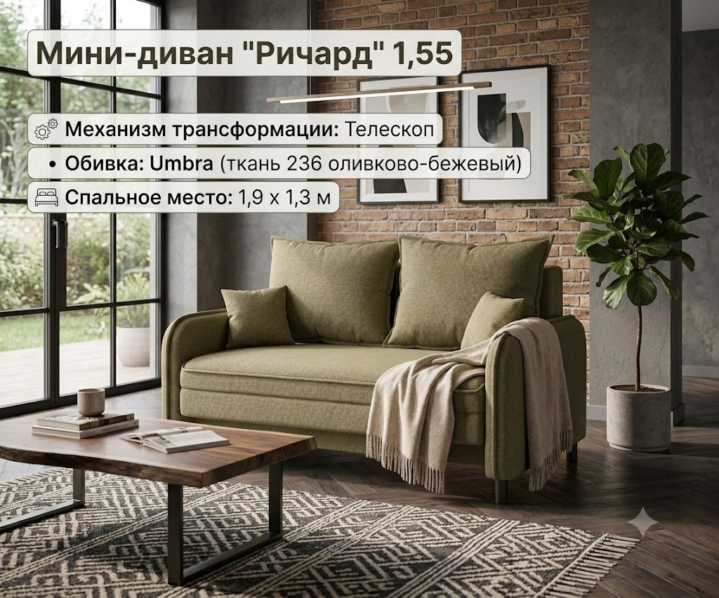 Диван Ричард, 155х70 см, обивка шенилл, оливковый купить,NaN