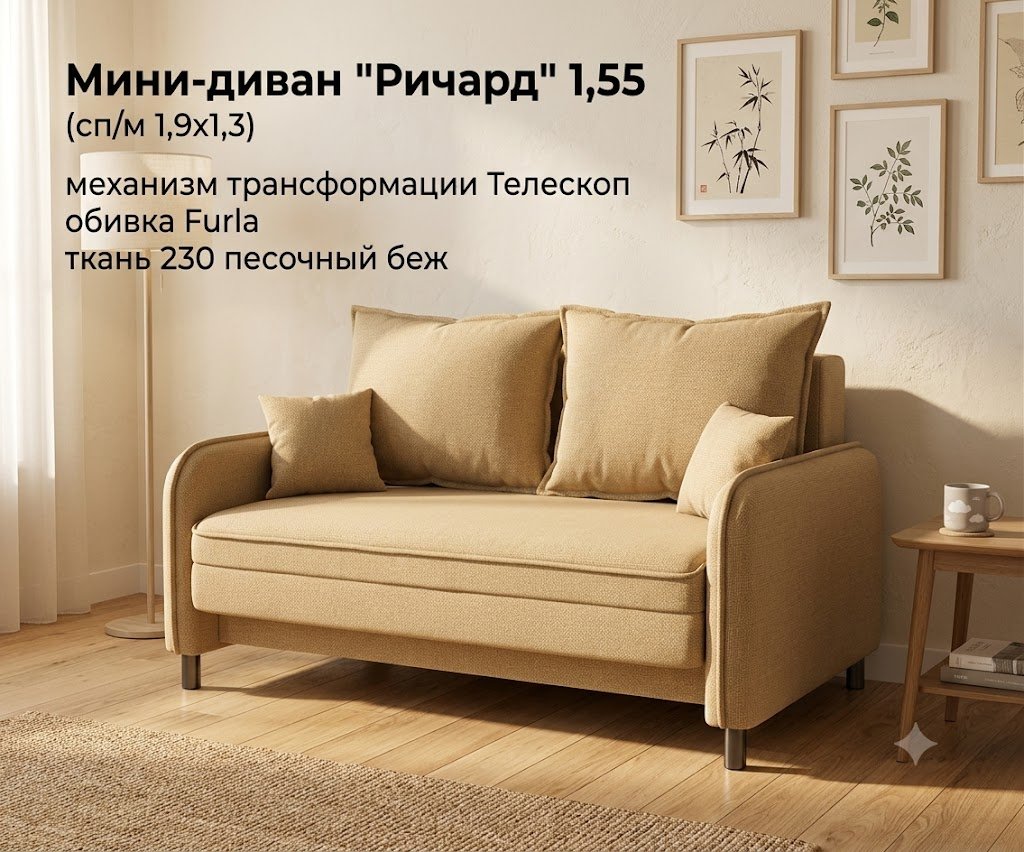 Диван Ричард, 155х70 см, обивка велюр, бежевый купить,NaN