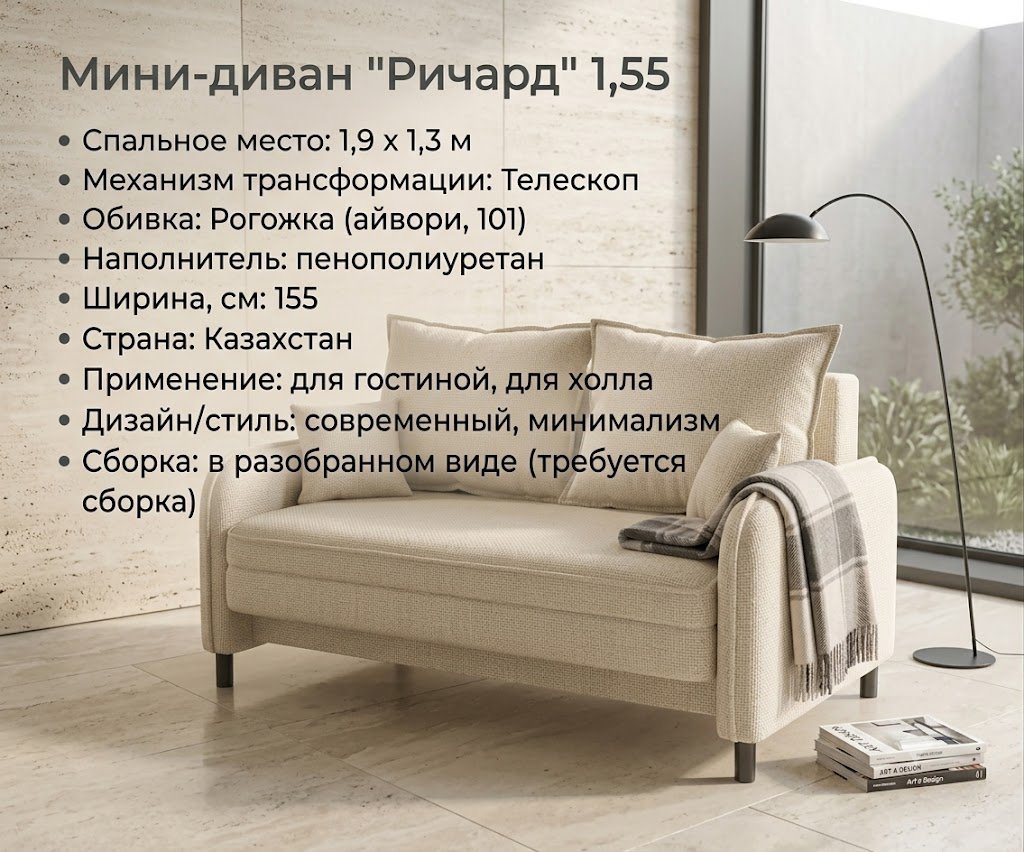 Диван Ричард, 155х70 см, обивка рогожка, бежевый купить,NaN