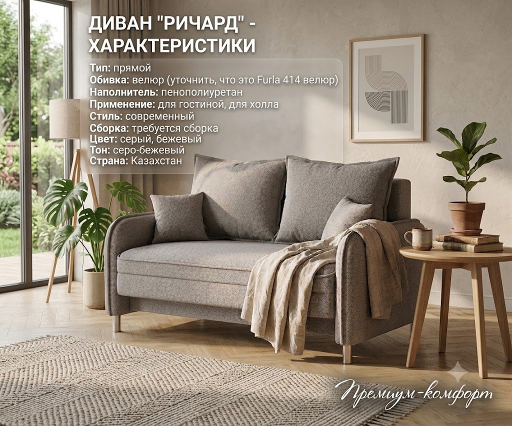 Диван Ричард, 155х70 см, обивка велюр, серый купить,NaN
