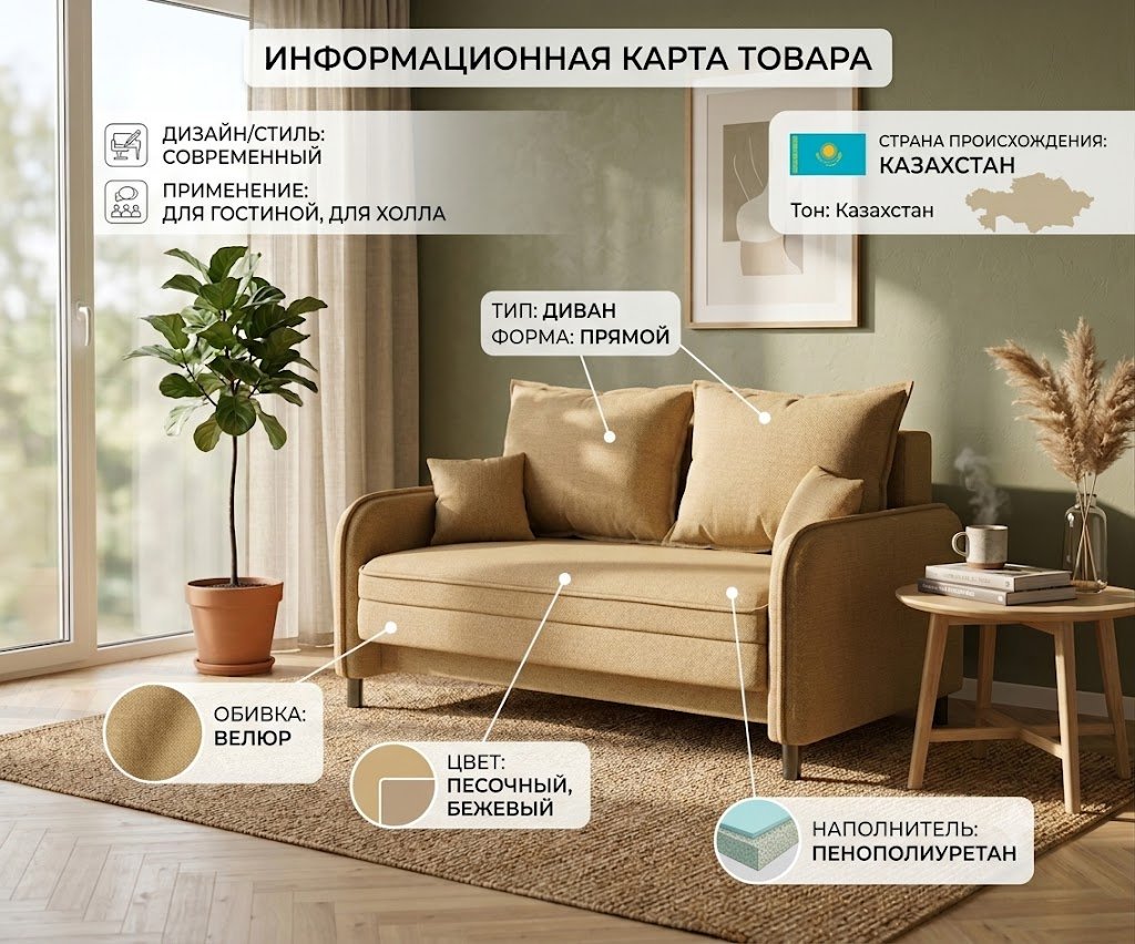 Диван Ричард, 155х70 см, обивка велюр, бежевый купить,NaN