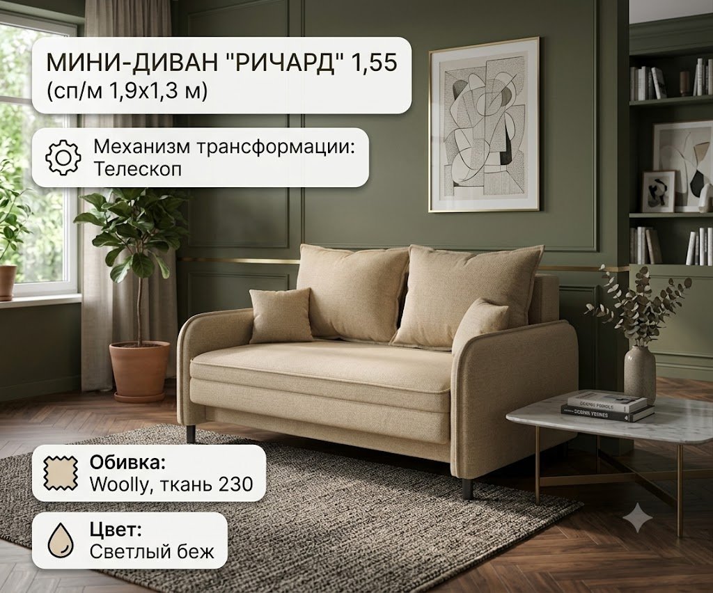Диван Ричард, 155х70 см, обивка рогожка, бежевый купить,NaN