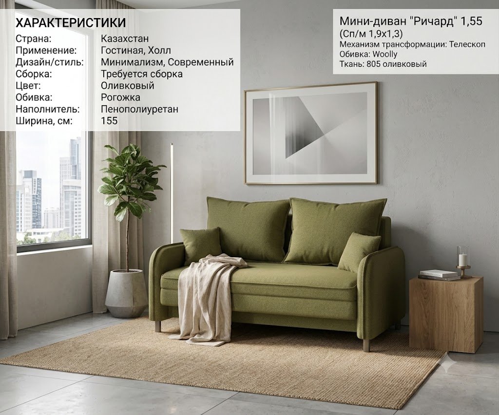 Диван Ричард, 155х70 см, обивка рогожка, оливковый купить,NaN