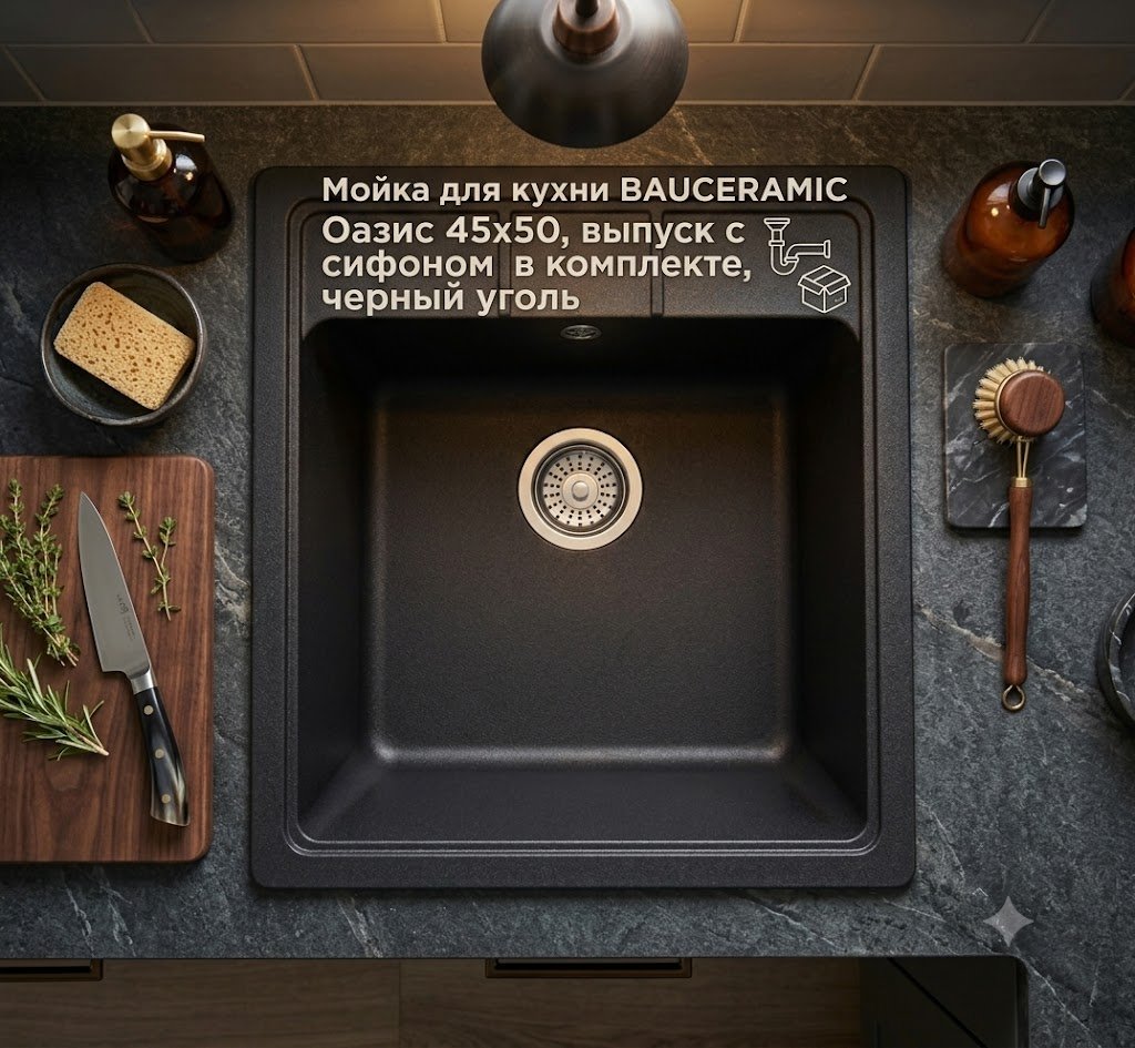 Кухонная мойка Kabinkakz_K0000344204 50х45х19 см, искусственный камень, тон черный купить,NaN